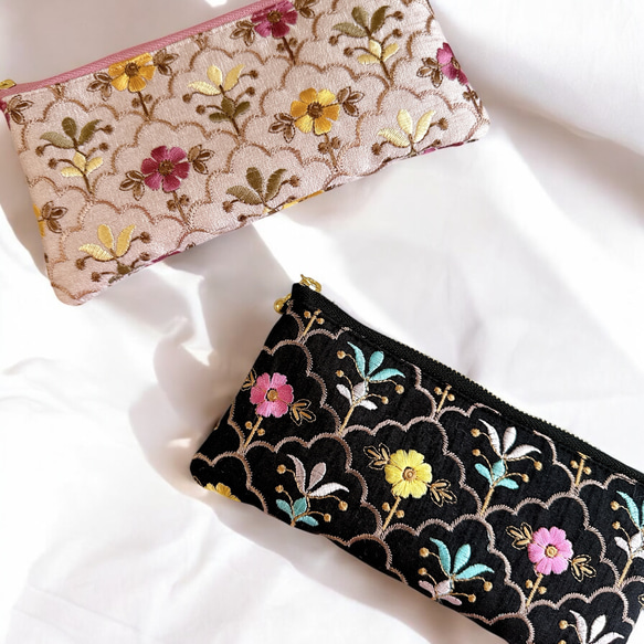 【数量限定】豪華インド刺繍生地◆総刺繍/カラビナ付きフラットポーチ＆マルチポーチセット 12枚目の画像