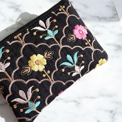 【数量限定】豪華インド刺繍生地◆総刺繍/カラビナ付きフラットポーチ＆マルチポーチセット 8枚目の画像
