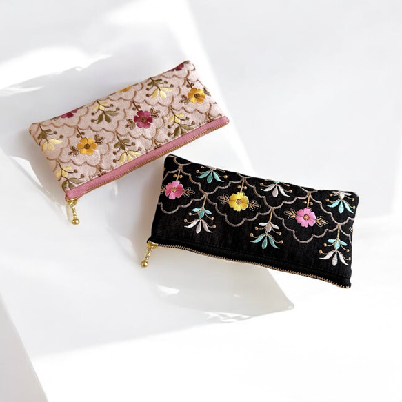 【数量限定】豪華インド刺繍生地◆総刺繍/カラビナ付きフラットポーチ＆マルチポーチセット 11枚目の画像