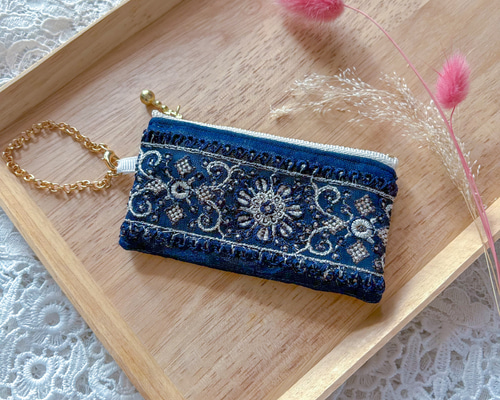 インド刺繍リボン♡10cmファスナーのリップケース♡ミニポーチ♡バッグ