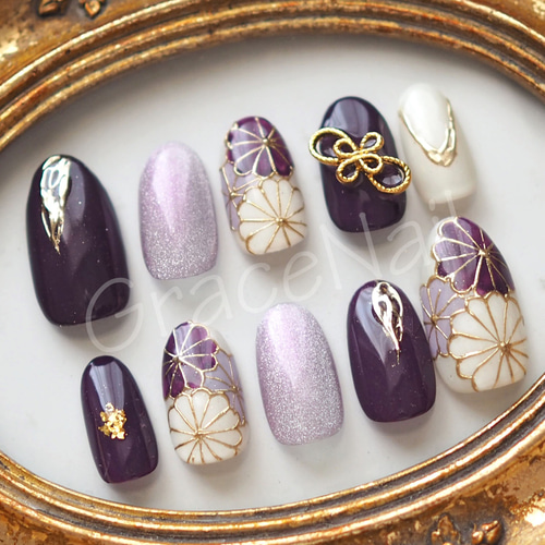 現品販売！ネイルチップ No.2204 成人式卒業式袴着物和柄振袖 ネイル