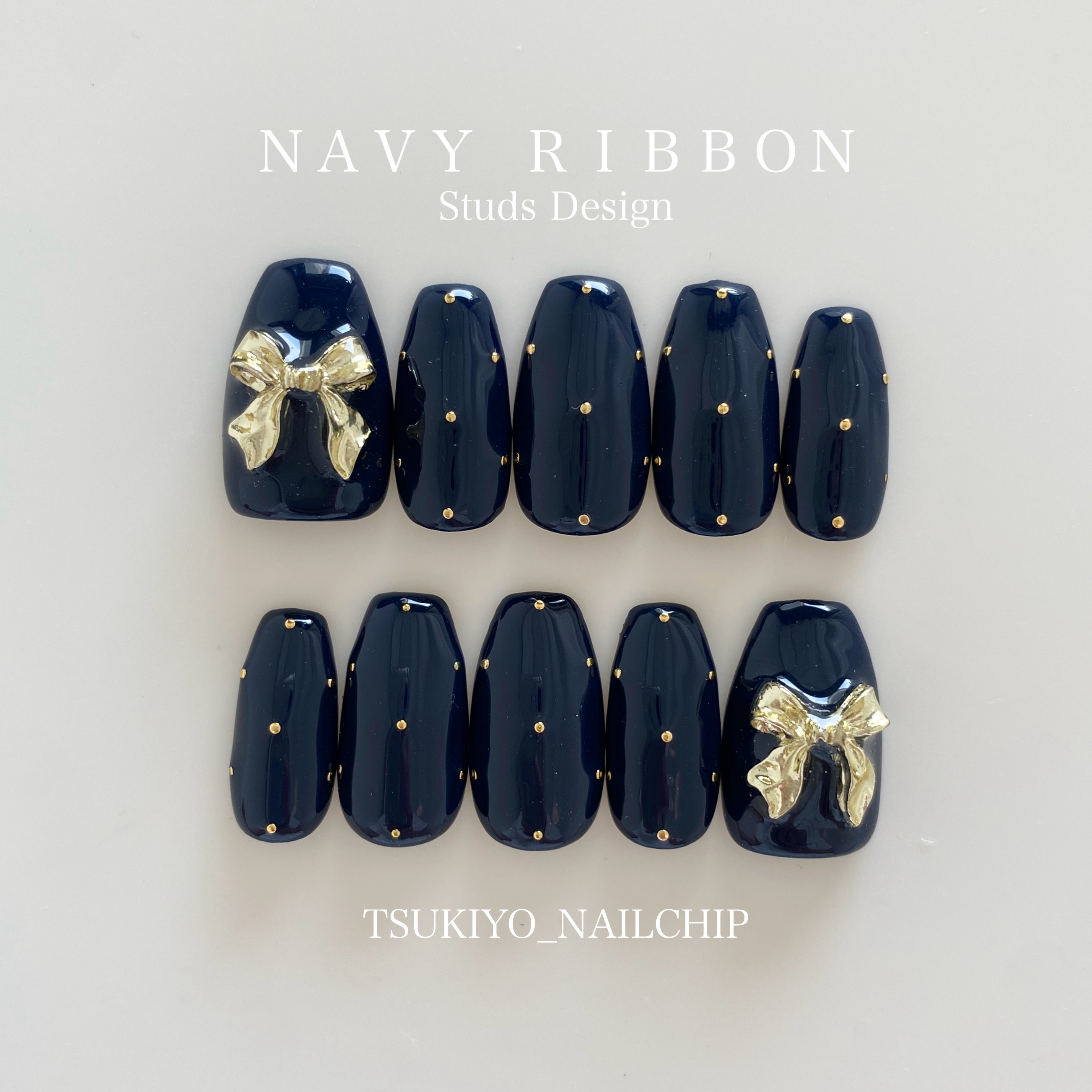 【オーダー】ネイルチップ　ネイビー　ゴールド　リボン　ハート オーダー】ネイルチップ ネイビー ゴールド リボン ハート ネイル