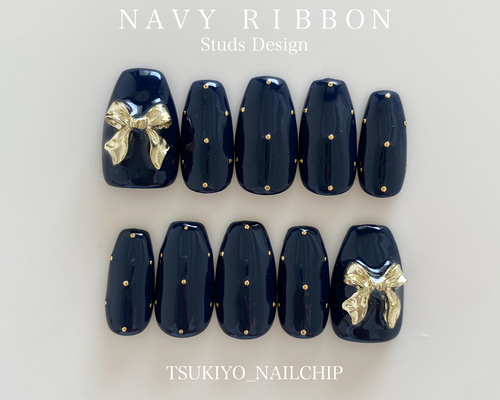 【オーダー】ネイルチップ　ネイビー　ゴールド　リボン　ハート オーダー】ネイルチップ ネイビー ゴールド リボン ハート