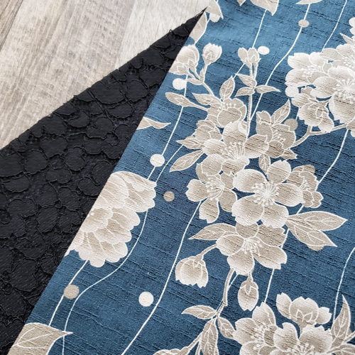 半幅帯】和風花に黒ラッセルレース / 着物 和装 花 レース 黒 青