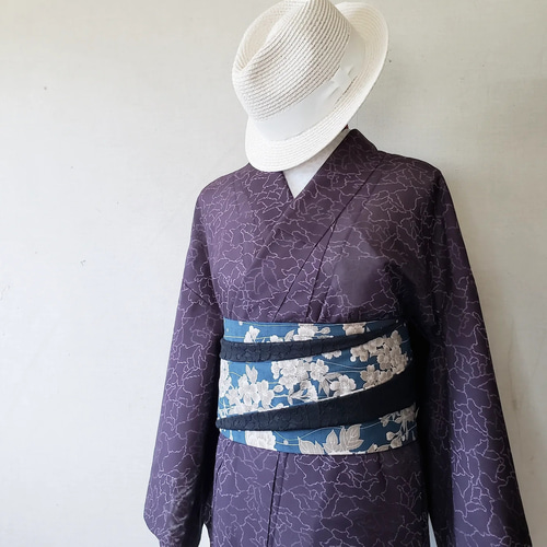 【半幅帯】和風花に黒ラッセルレース / 着物 和装 花 レース 黒 青 半幅帯】和風花に黒ラッセルレース / 着物 和装 花 レース 黒 青