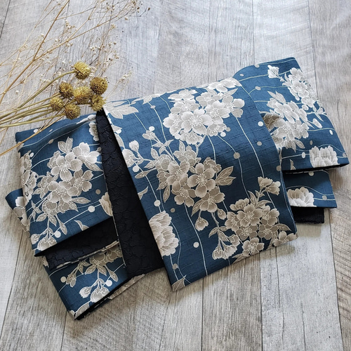 半幅帯】和風花に黒ラッセルレース / 着物 和装 花 レース 黒 青 和装