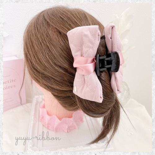 キルトリボンのバンスクリップ ピンク リボン サテンリボン ヘア