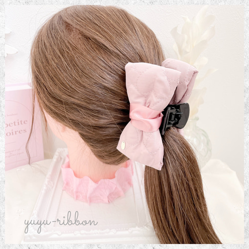 キルトリボンのバンスクリップ ピンク リボン サテンリボン ヘア