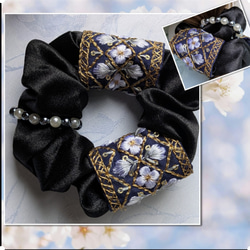 再販】サテン生地 シュシュ 花柄 インド刺繍リボン パール飾り