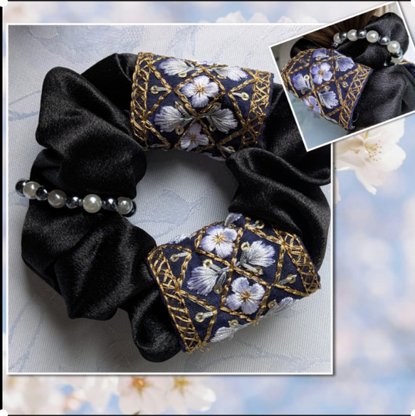 再販】サテン生地 シュシュ 花柄 インド刺繍リボン パール飾り