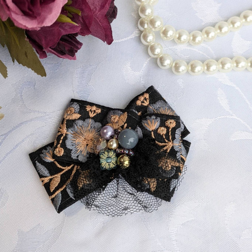 2833インド刺繍リボン☆ヘアゴム 　ハンドメイド　パール付きゴム ブラック系 再販可】☆選べるパーツ ヘアアクセサリー ヘアゴムorバレッタor