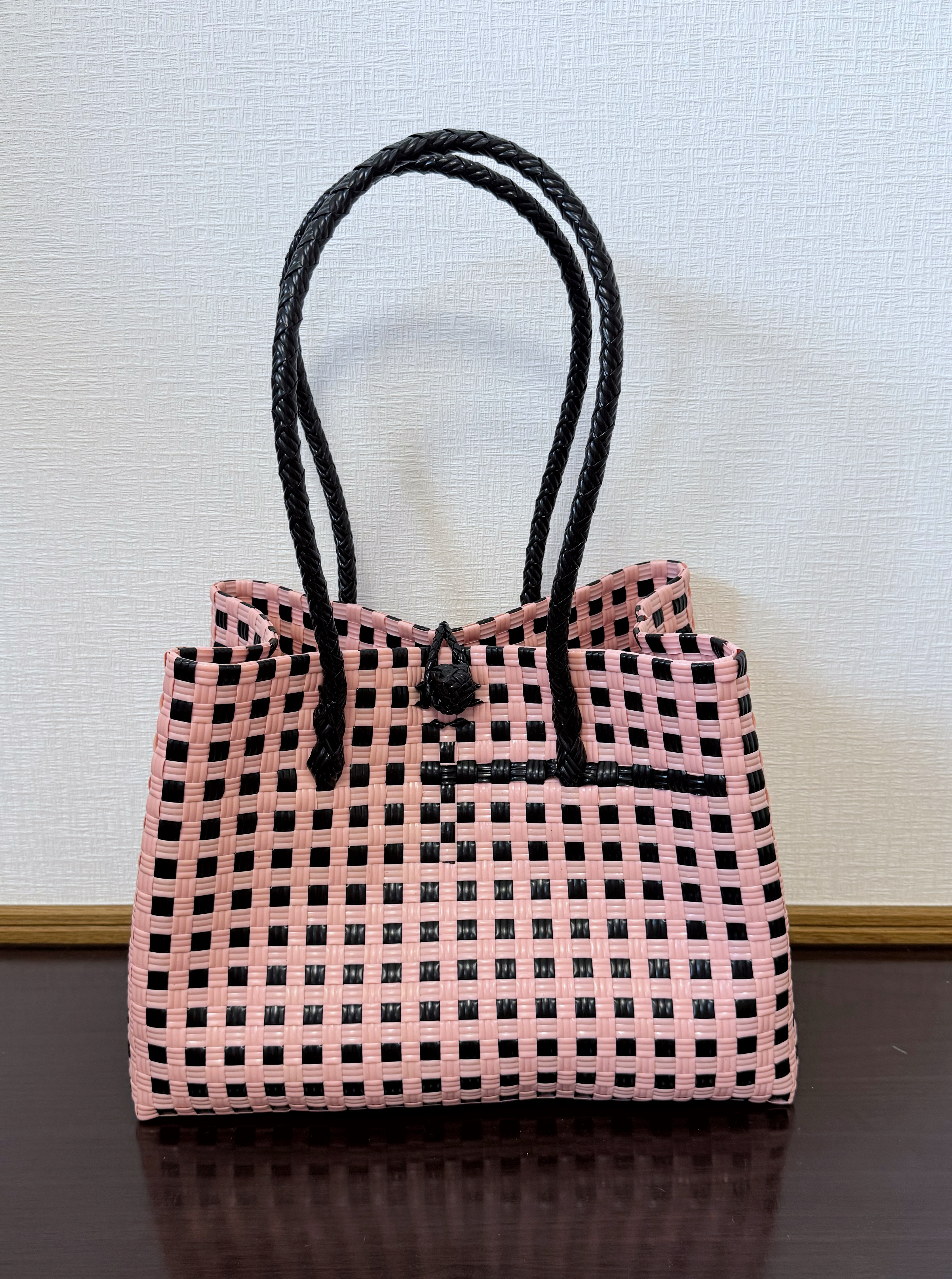 まるごと洗えるバッグ　プラカゴ　トートバッグ　メルカド　パサールバッグ　Lサイズ　ベビーピンク×ブラック