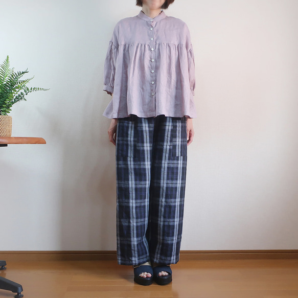 今夏入荷ゆったり涼感ふんわりリネン　スタンドギャザーブラウス（リネン／全４色） 20枚目の画像