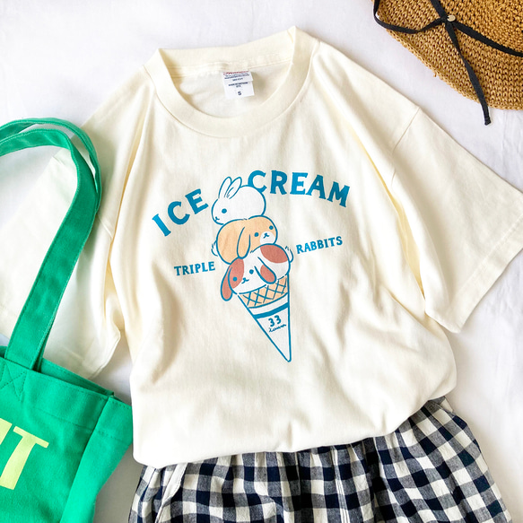 【７月下旬発送】うさぎアイスＴシャツ（クリーム）｜動物シリーズ 1枚目の画像