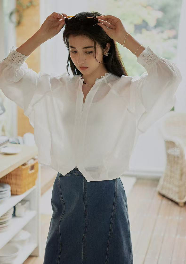 首元レース付きブラウス　長袖ブラウス　日焼け止めにも