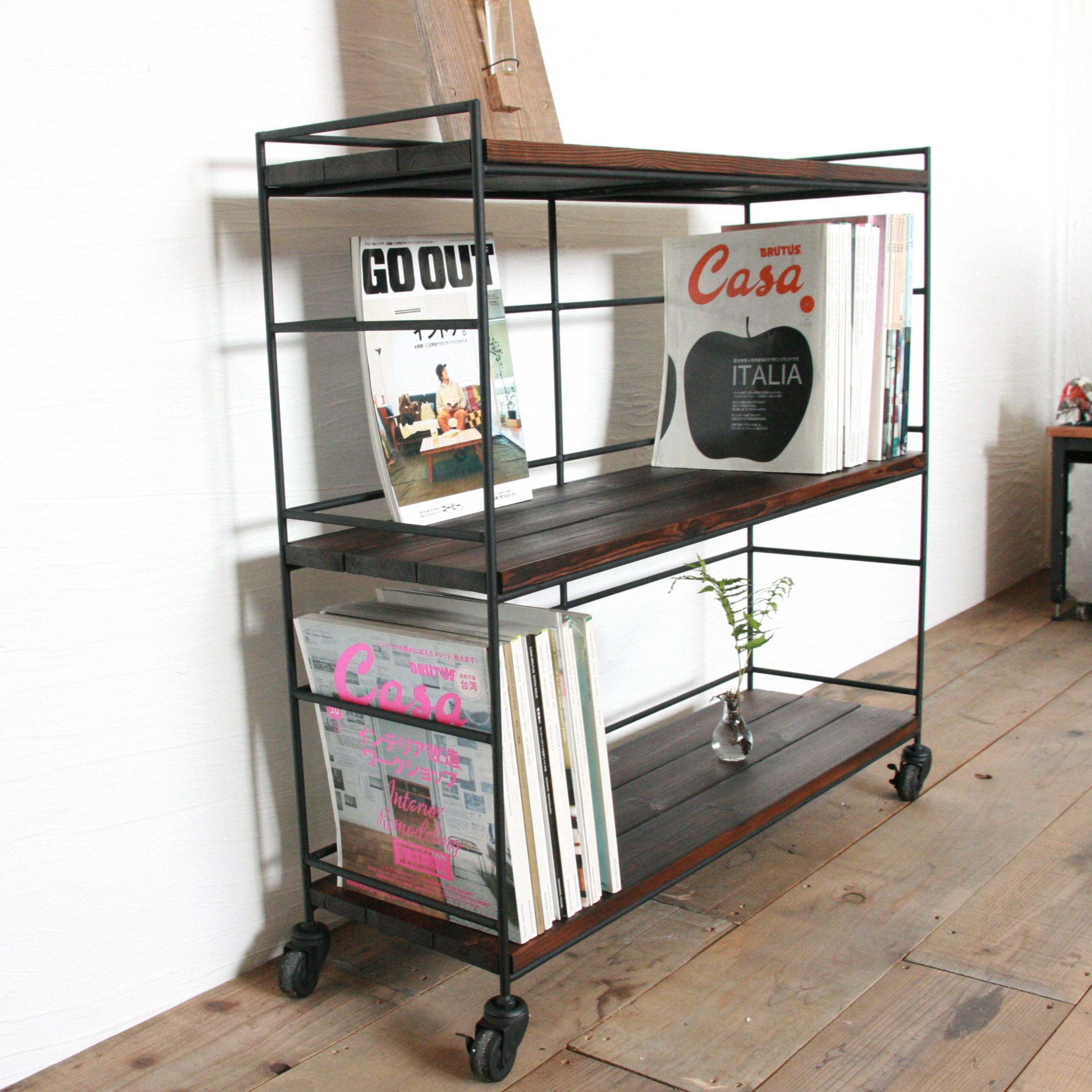 アイアン&ウッド リビングシェルフ　キャスター付き【サイズオーダー可】