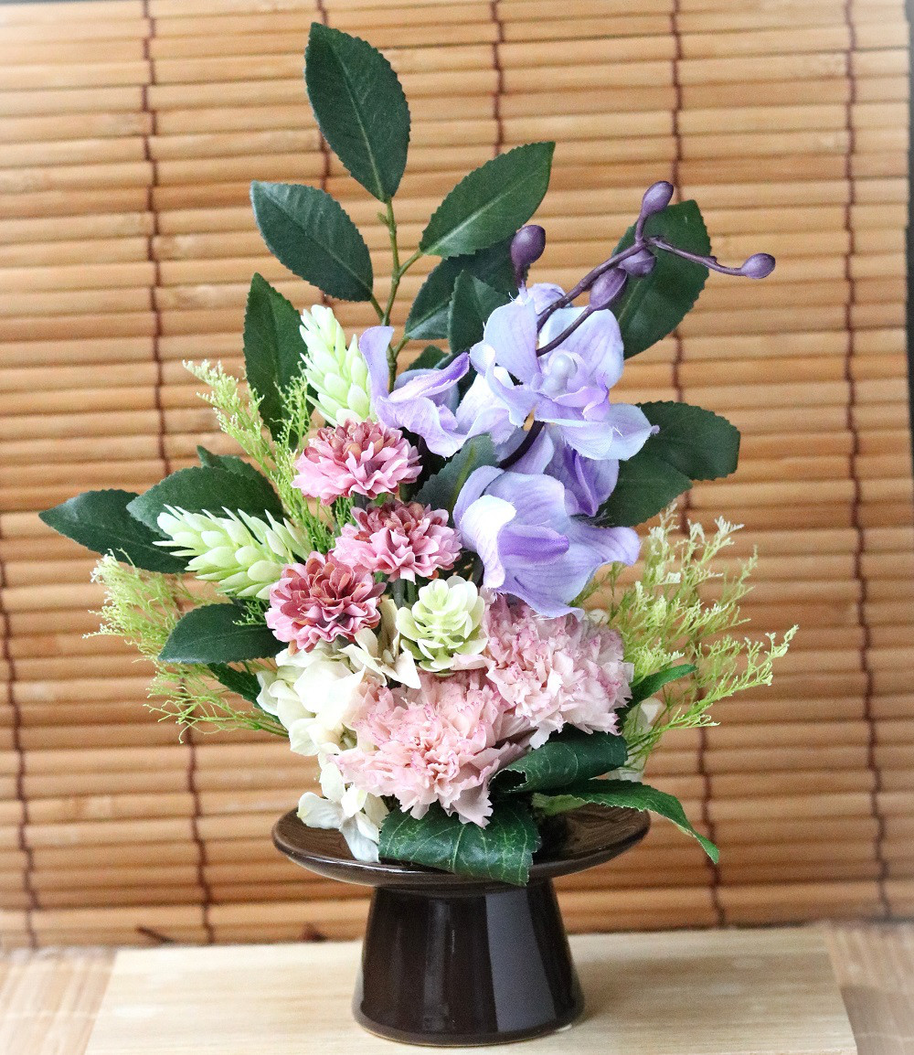 仏花 ★優しいパープル系とカーネーション　花器付きLサイズ　プリザーブドフラワー お供え花 仏花 お盆 お彼岸 仏事
