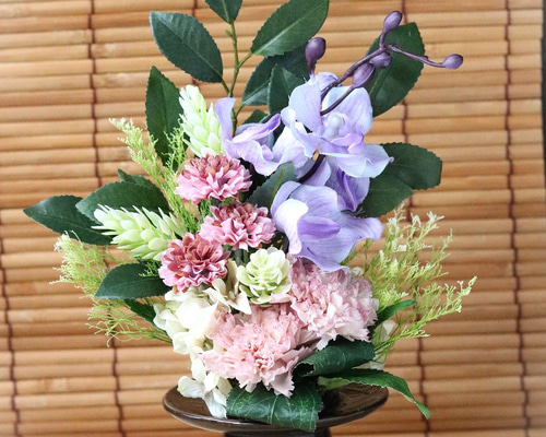 仏花 ☆優しいパープル系とカーネーション 花器付きLサイズ