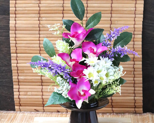 仏花 ☆鮮やかな赤紫色のデンファレ 花器付きLサイズ