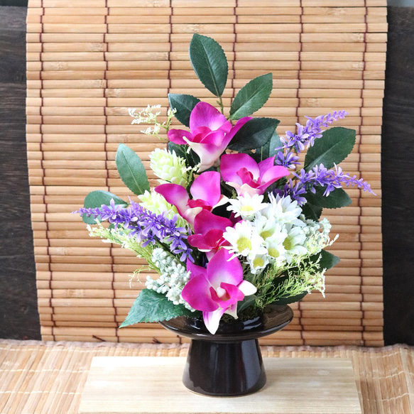 仏花 ☆鮮やかな赤紫色のデンファレ 花器付きLサイズ