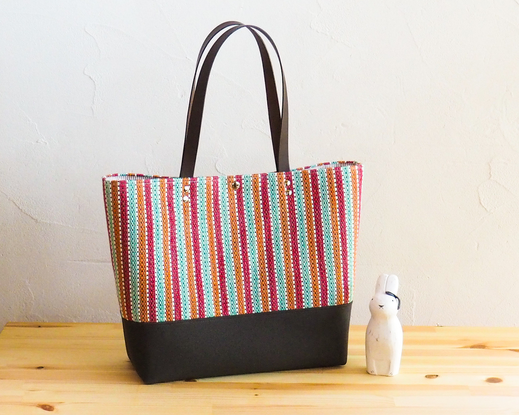 キャンディカラー手織り布のビッグトートバッグ（オレンジ）