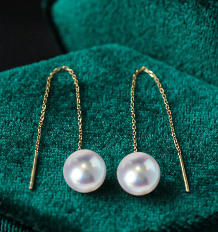 【La Corser】18Kゴールドシンプルロング日本製7-10mmアコヤ海水真珠イヤリング、天上の強い光、丸くてエレガント