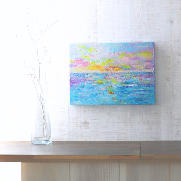【原画】南の島の夕暮れ  キャンバス　約333×242×20mm（F4サイズ）送料無料　海　空　夕陽 3枚目の画像