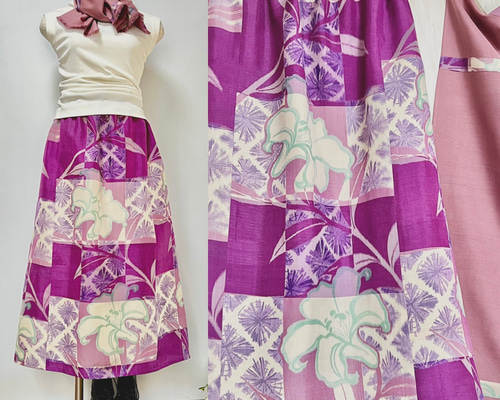 大輪百合柄＊銘仙すっきりAラインスカート＋ストール＊裏地付き＊着物