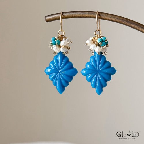 夏色】練りターコイズのローゼンジカービング 14kgfピアス/16kgp