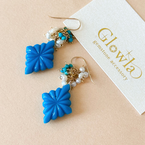 専用 ターコイズ ロゼンジカービング ピアス 夏色】練りターコイズのローゼンジカービング 14kgfピアス/16kgp