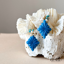 夏色】練りターコイズのローゼンジカービング 14kgfピアス/16kgp