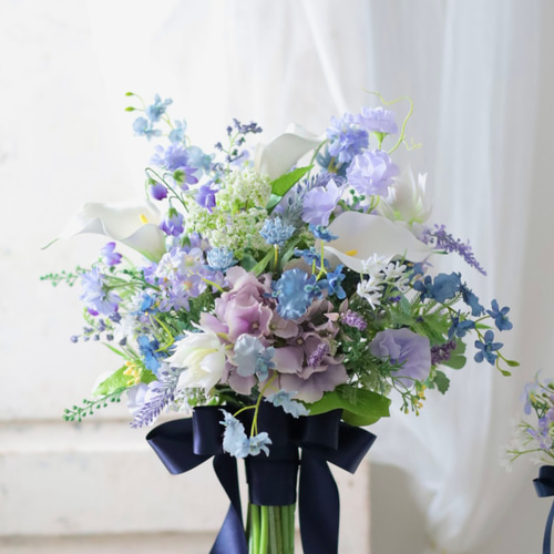 ブルー　パープル　あじさい　カラーリリィ　ウェディングブーケ　造花 アムール.ブルー 紫陽花ブーケ ウェディングブーケ ブートニアセット