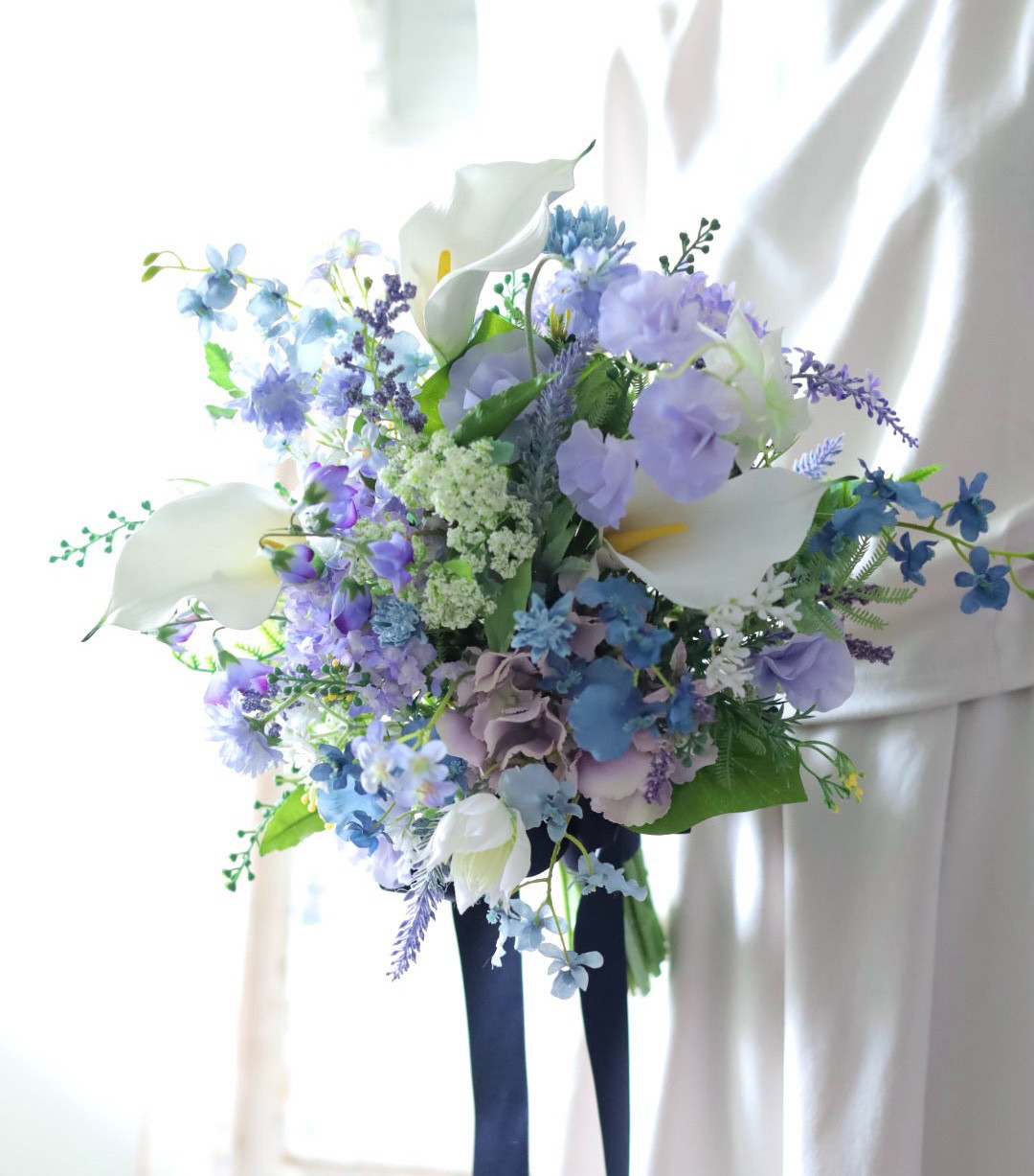 アムール.ブルー　紫陽花ブーケ　ウェディングブーケ　ブートニアセット　青ブーケ