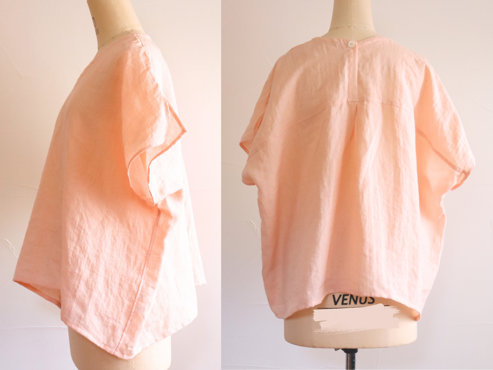 Vネックのルーズトップ::ヨーロッパリネン100::プルオーバーブラウス●ライトピーチ●