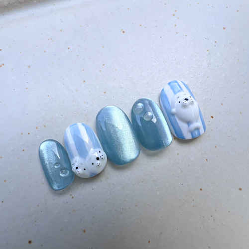 夏ネイル】動物 ネイルチップ アザラシ 大人かわいい 韓国