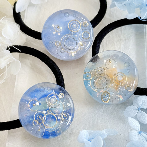 新作☆レジンヘアゴム　乙女の髪飾り❺星空 雨のヘアゴム 雨あがりの空 レジン 大人かわいい 梅雨 ブルー
