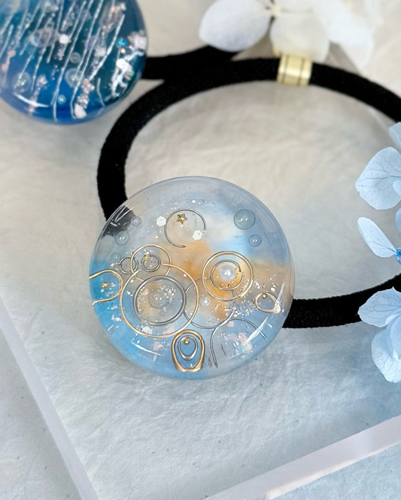 雨のヘアゴム 雨あがりの空 レジン 大人かわいい 梅雨 ブルー ヘア