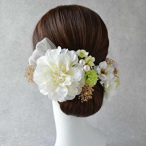 新作【上品ホワイトダリアの髪飾り｜白×グリーン】成人式髪飾り 卒業式
