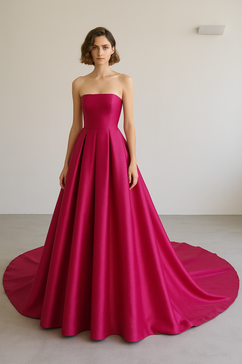 送料無料！カラードレス ビビッドピンク ベアトップ スレンダーライン 光沢感 結婚式 Aライン ファスナー