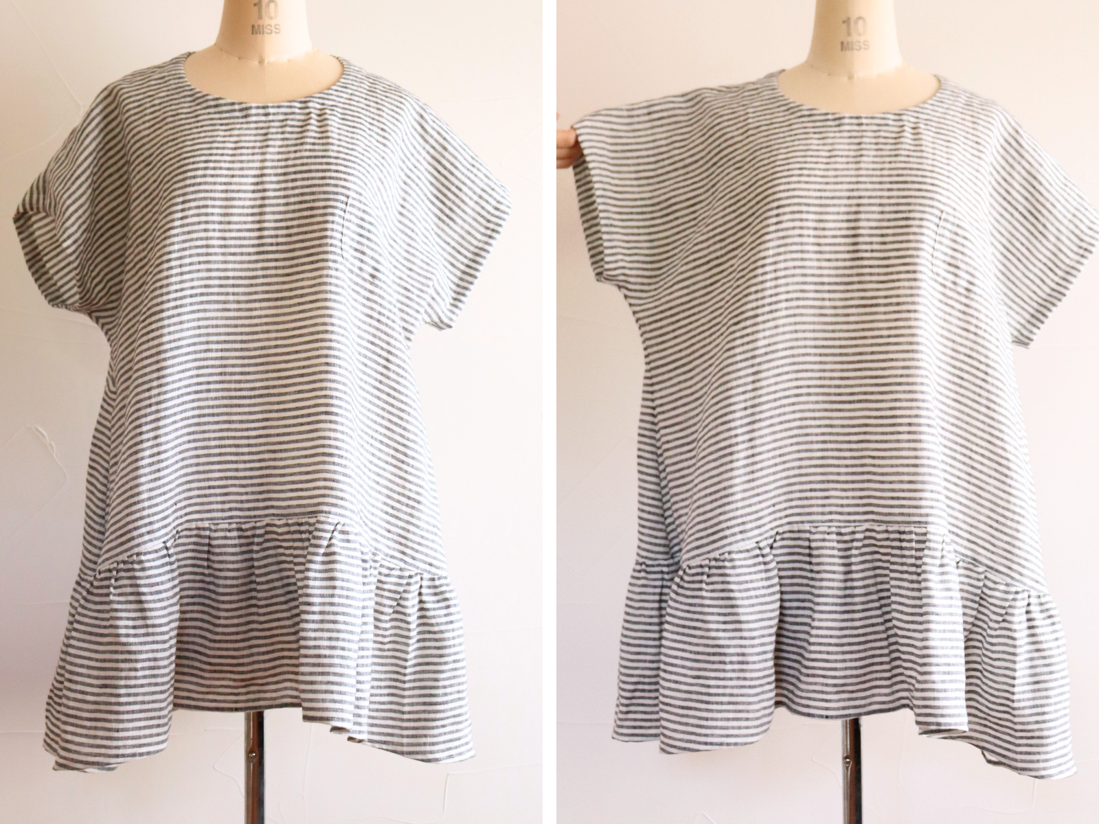 ギャザーヘムチュニック::ヨーロッパリネン100::●白ｘブラックのボーダー●