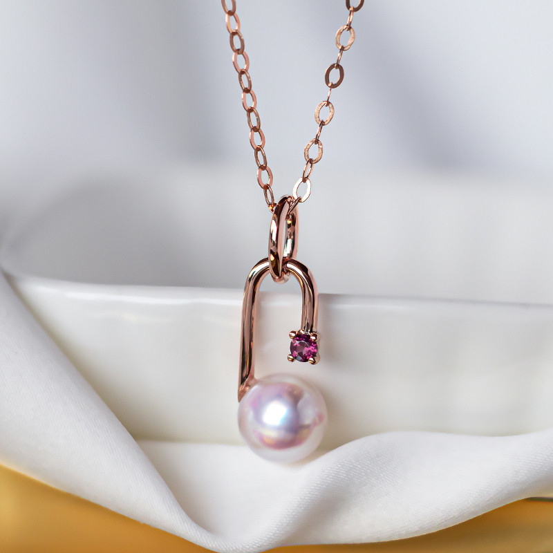 【La Corser】日本製 6.5-8.5mm アコヤ真珠 天然海水真珠ペンダントネックレス 18Kゴールド 鎖骨チェーン