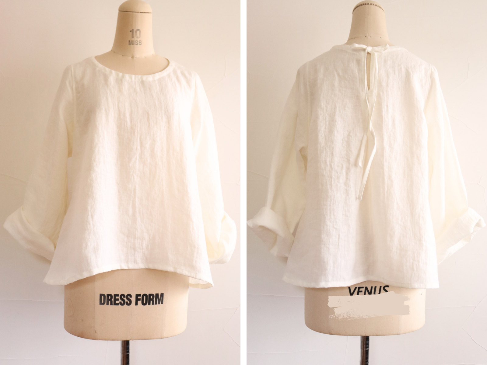 バックリボンのブラウス：：ヨーロッパリネン100：：プルオーバー：：ほぼ１年中使い回せる●ナチュラルホワイト●