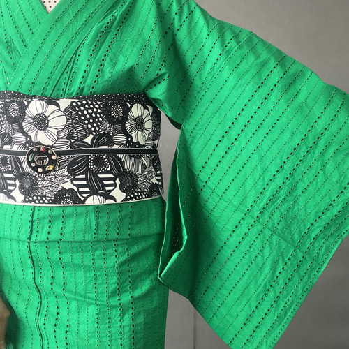 深緑色 花柄 レース 着物 ストライプコットンレース着物/グリーン 着物 花鹿 kajika 通販