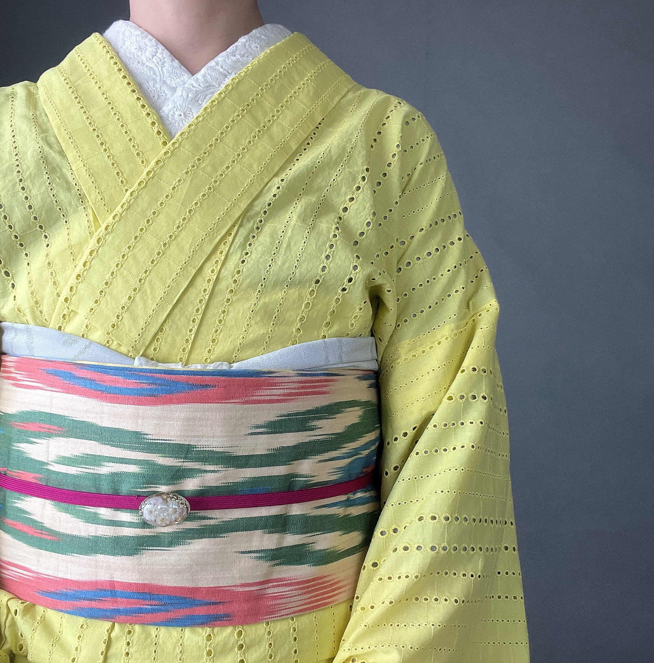 ストライプコットンレース着物/レモンイエロー 21,000円