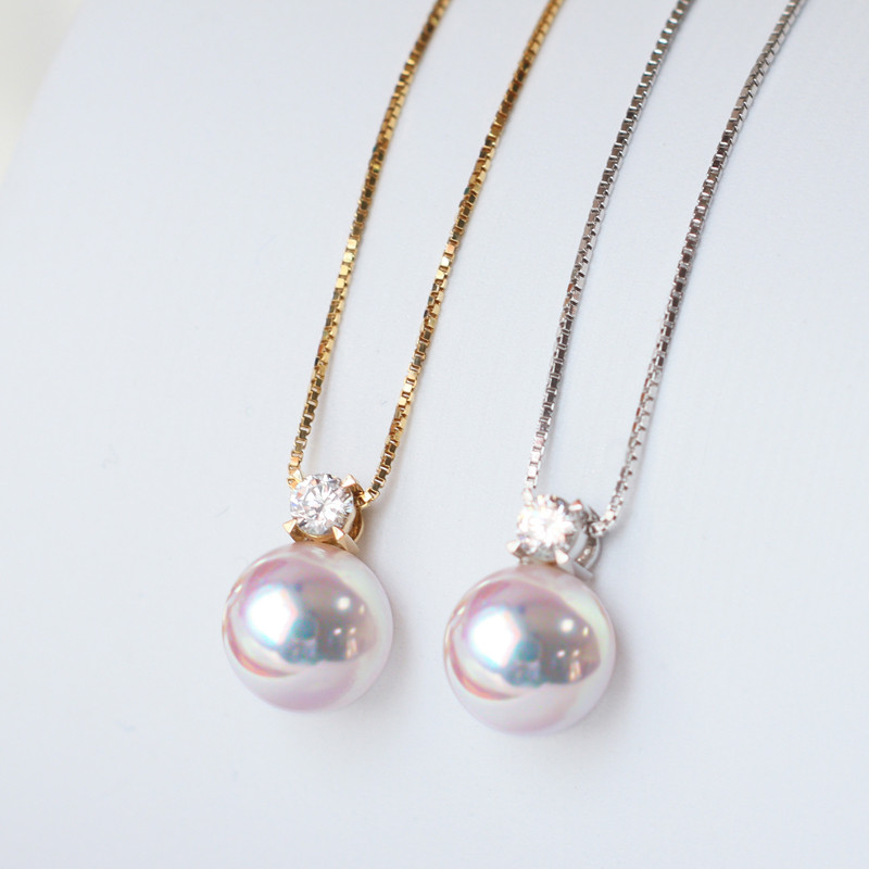 【La Corser】プリンセスモデル 日本製 7-10mm アコヤ天然海水真珠ペンダントネックレス ラウンドブリリアント 18