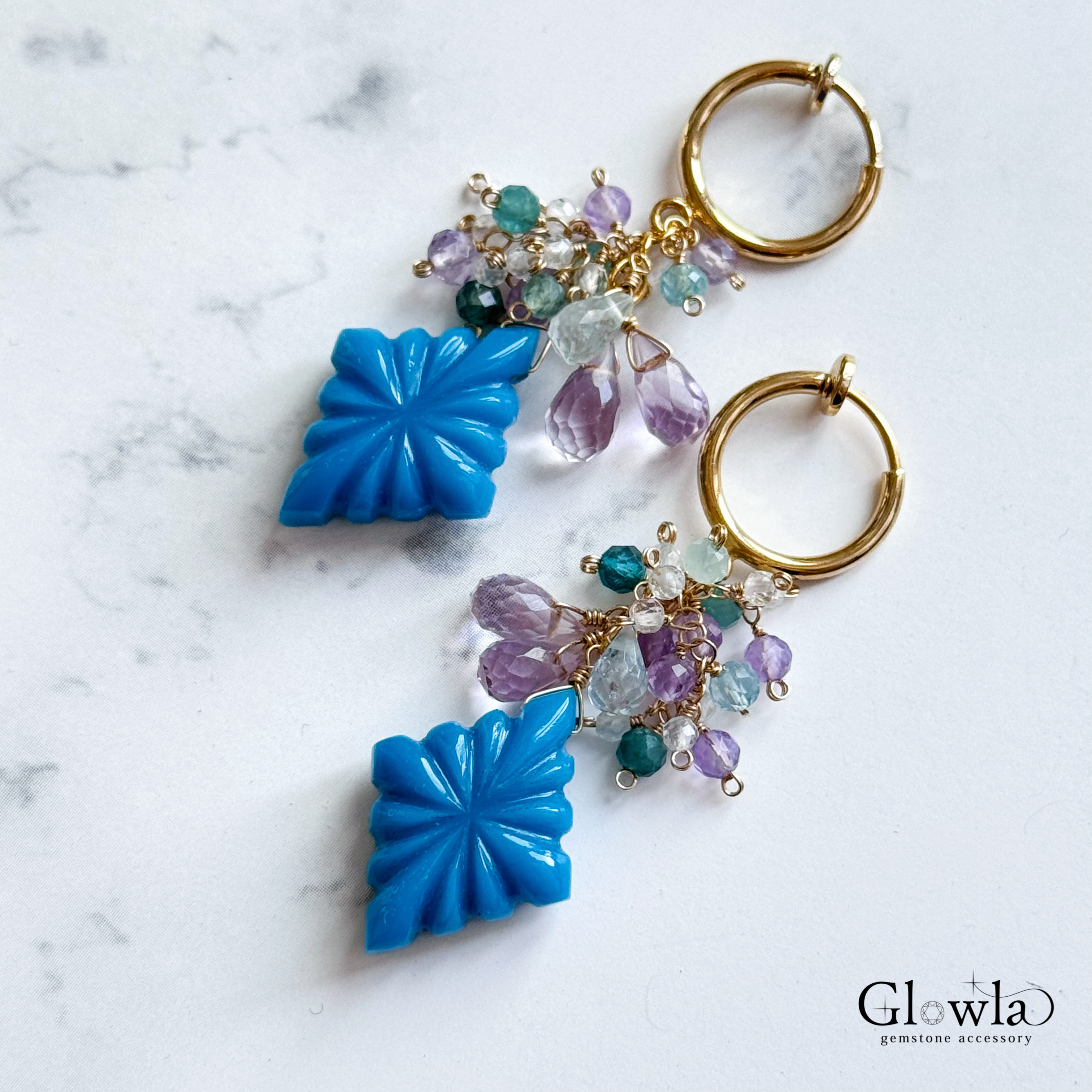 【再々販・夏色】練りターコイズのローゼンジカービングと爽やか天然石の14kgfピアス/16kgpイヤリング　トルコ石