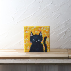 【原画】ミモザの庭で遊ぶ黒猫のクロさん「なにしてるの？」　キャンバス　絵画　18cm角　送料無料　 4枚目の画像
