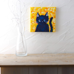 【原画】ミモザの庭で遊ぶ黒猫のクロさん「なにしてるの？」　キャンバス　絵画　18cm角　送料無料　 3枚目の画像