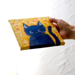 【原画】ミモザの庭で遊ぶ黒猫のクロさん「なにしてるの？」　キャンバス　絵画　18cm角　送料無料　 8枚目の画像