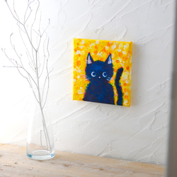 【原画】ミモザの庭で遊ぶ黒猫のクロさん「なにしてるの？」　キャンバス　絵画　18cm角　送料無料　 9枚目の画像